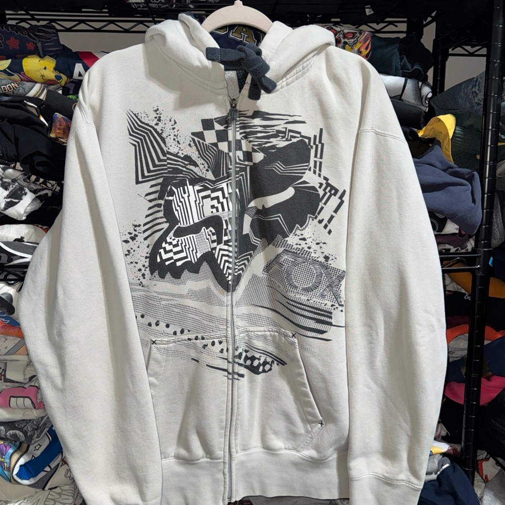 Y2K Vintage Fox Motorcross Embroidered Off White Zip Up Hoodie Size Xl